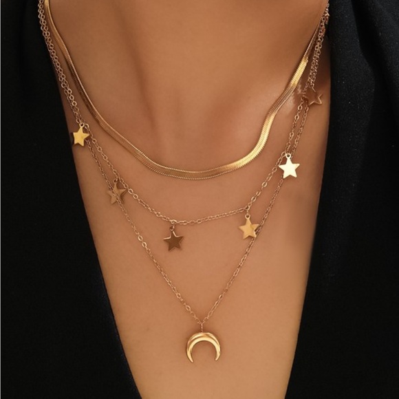 Sarrah Jewelry - New 18k Gold Plated Stars & Crescent Moon Pendant Layered Necklace